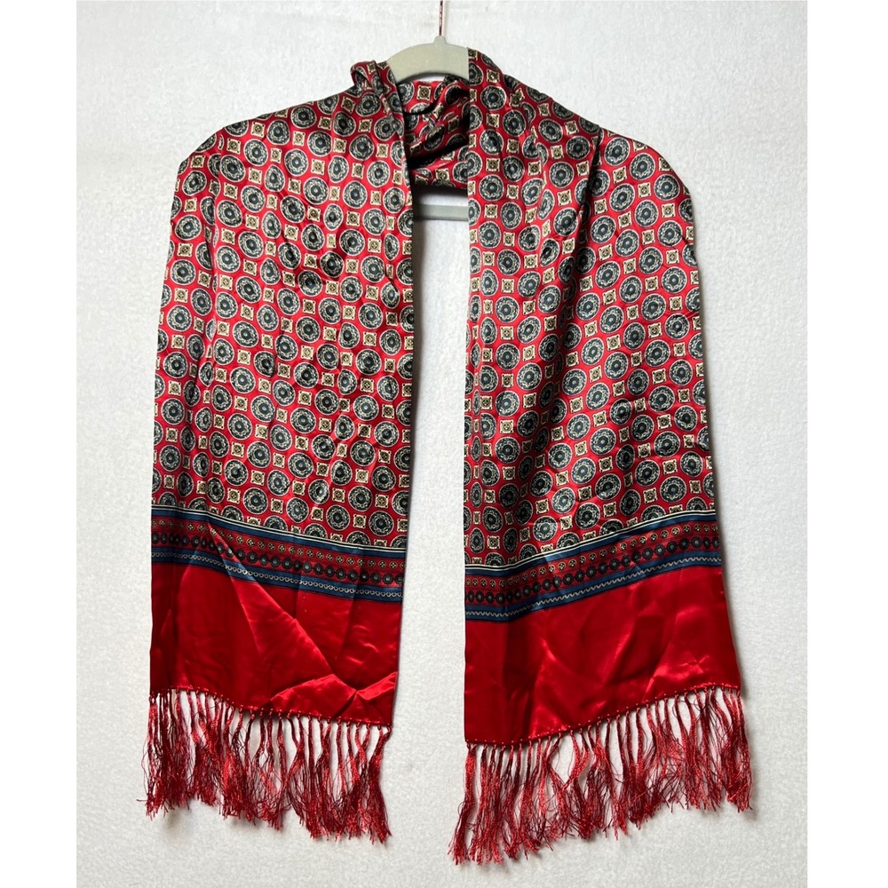 Unbranded Mens Scarf Medallion Print Fringe OS Red Navy Blue Satin Silk Blend - Picture 2 of 7